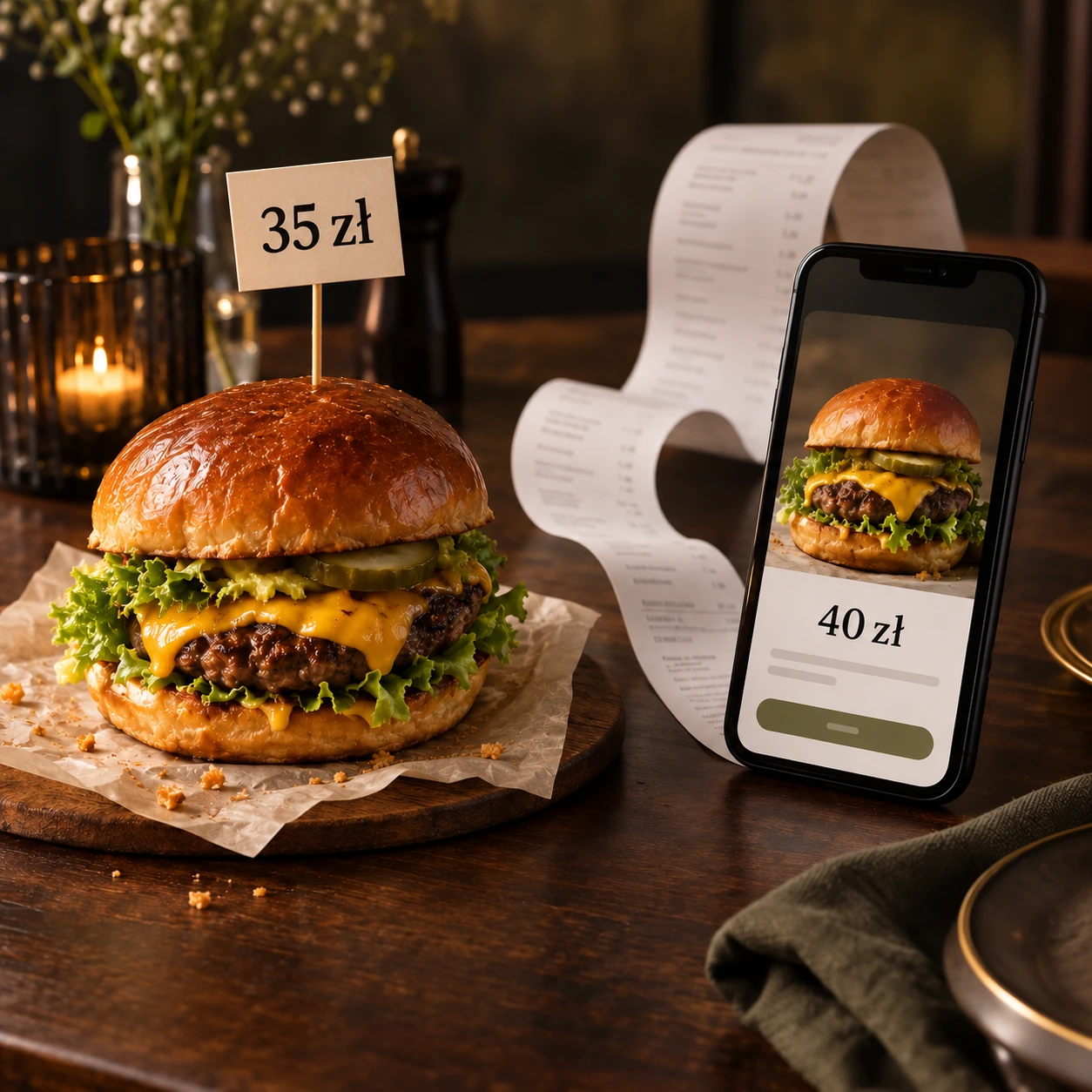 Ilustracja różnicy cen: burger za 35 zł w restauracji i za 40 zł w aplikacji na telefonie
