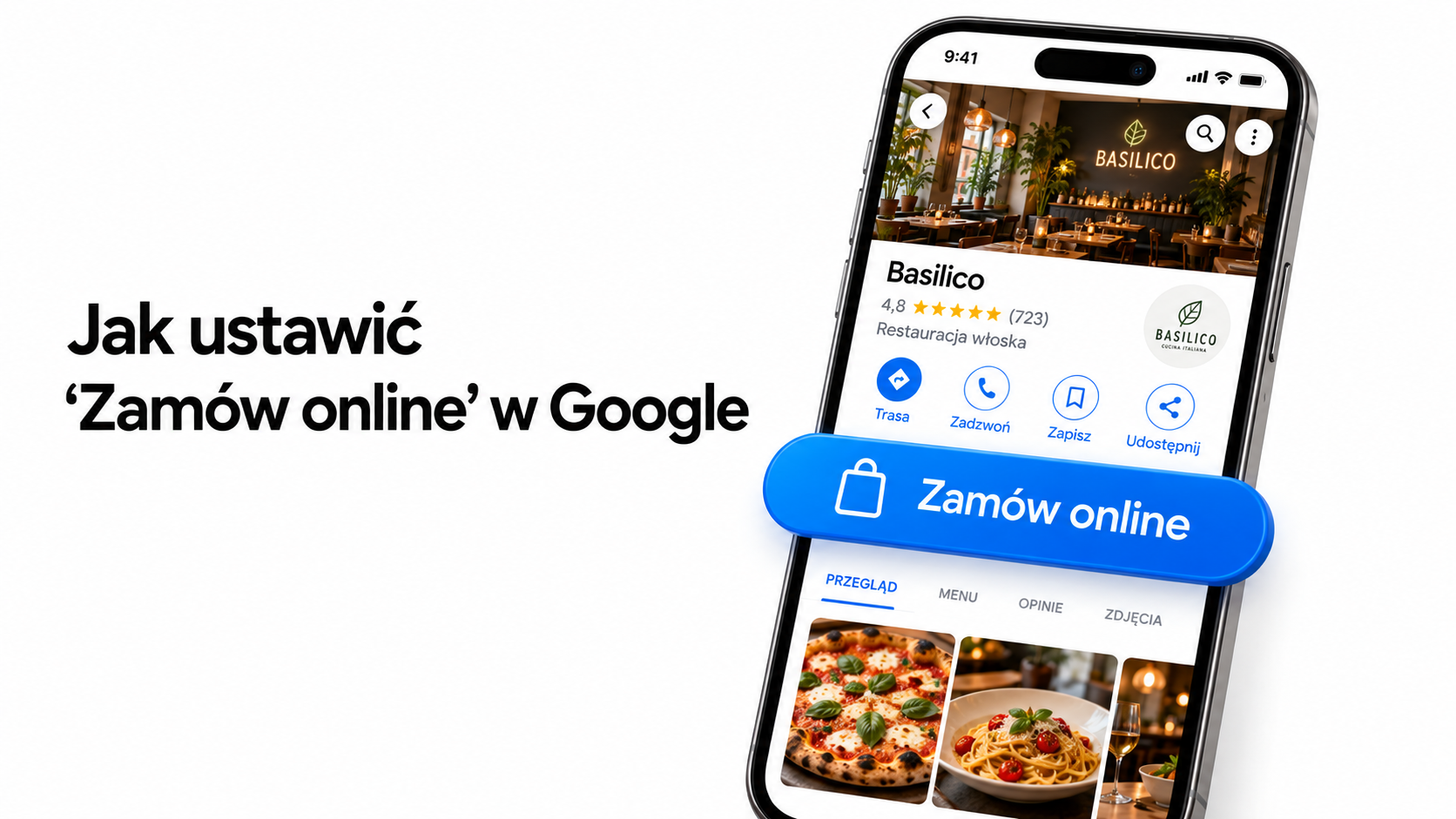 Przycisk Zamów online na profilu restauracji w Google wyświetlanym na telefonie