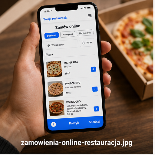 Klient składający zamówienie online w aplikacji restauracji na telefonie
