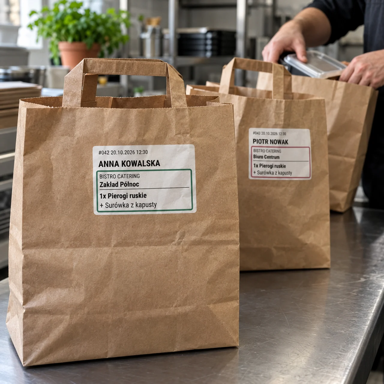Papierowe torby podczas pakowania cateringu, z małymi etykietami według wzoru Foodyo i ramkami w kolorach punktów dostawy.