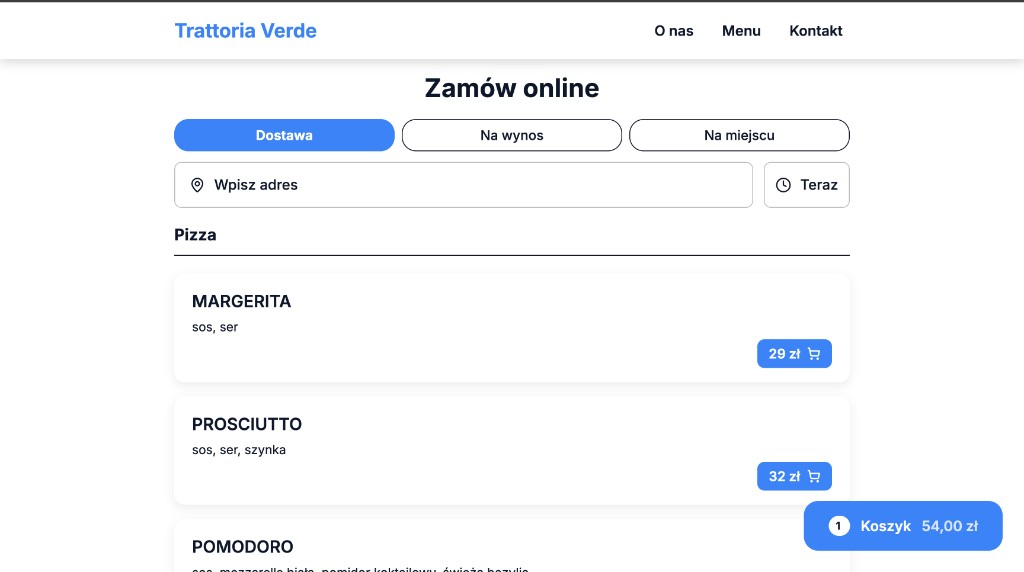 Przykładowa strona zamówień online Trattoria Verde — menu, dostawa, koszyk i płatność w Foodyo