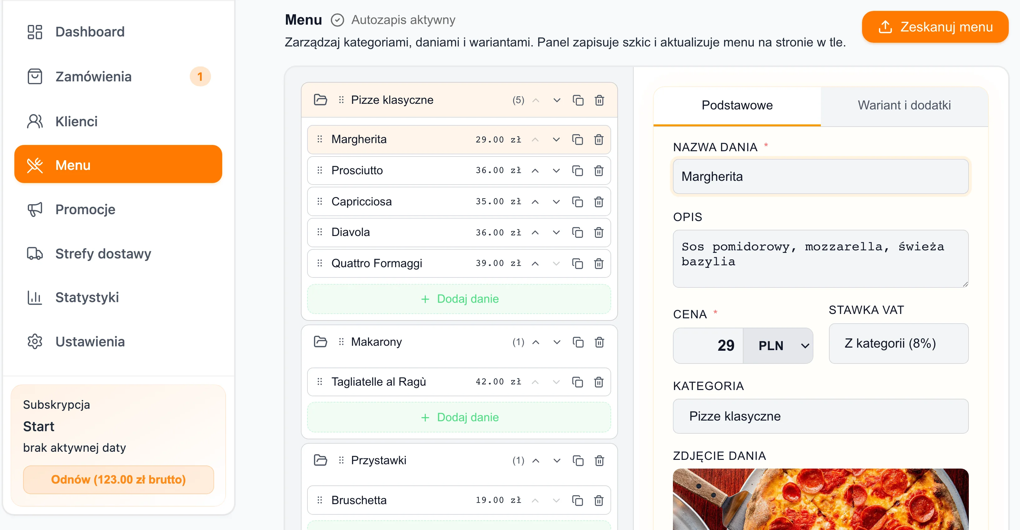 Panel Foodyo z danymi zamówienia i płatności