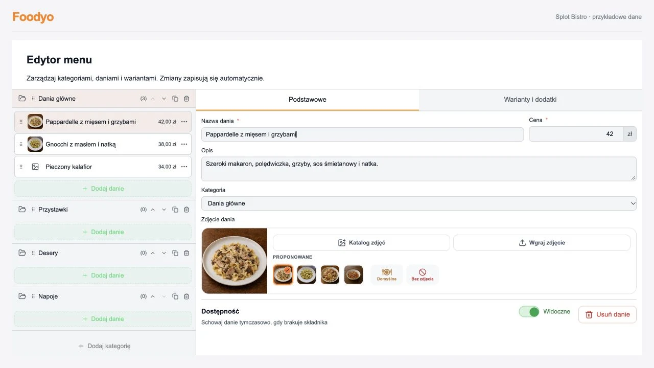 Edytor menu Foodyo z listą kategorii, dań i formularzem edycji